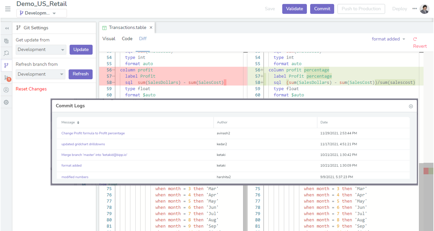bipp incorporates modern version control features through Git to record changes and manage file versions. Each bipp project connects to a Git repository, and each developer branch correlates to a Git branch (which encapsulates changes)